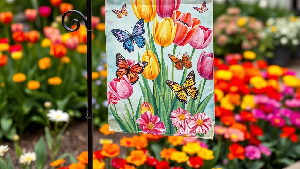 Close-up of a vibrant spring garden flag featuring colorful tulips and butterflies hanging from a decorative metal stand in front of a flowering garden bed
