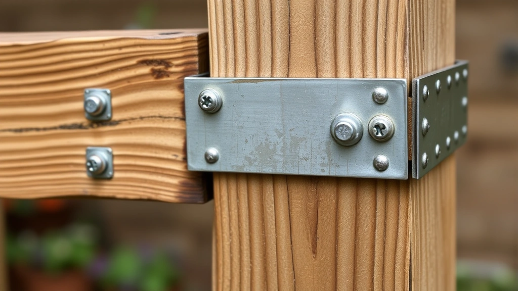Close-up of pressure-treated wood post with metal L-brackets and stainless steel screws secured together, showing detailed construction joinery and hardware on weathered exterior wood surface