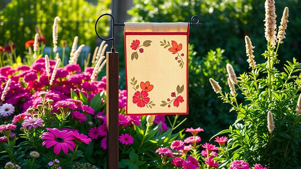 Completed rustic garden flag stand with dark stained wood displaying a seasonal garden flag, positioned among flowering perennials and green foliage in morning sunlight