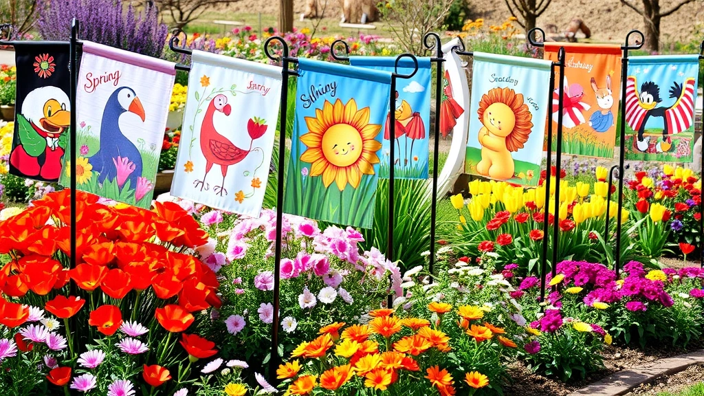 Vibrant garden flags with seasonal designs displayed among colorful flower beds and flowering perennials, spring garden setting, multiple flag styles visible, natural lighting, landscape perspective