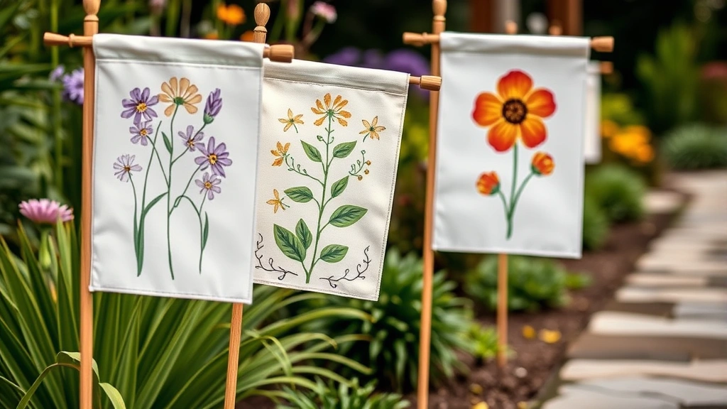 Close-up of custom hand-painted garden flags featuring botanical plant illustrations and decorative designs on wooden stakes, positioned along garden pathway, detailed artistic patterns visible