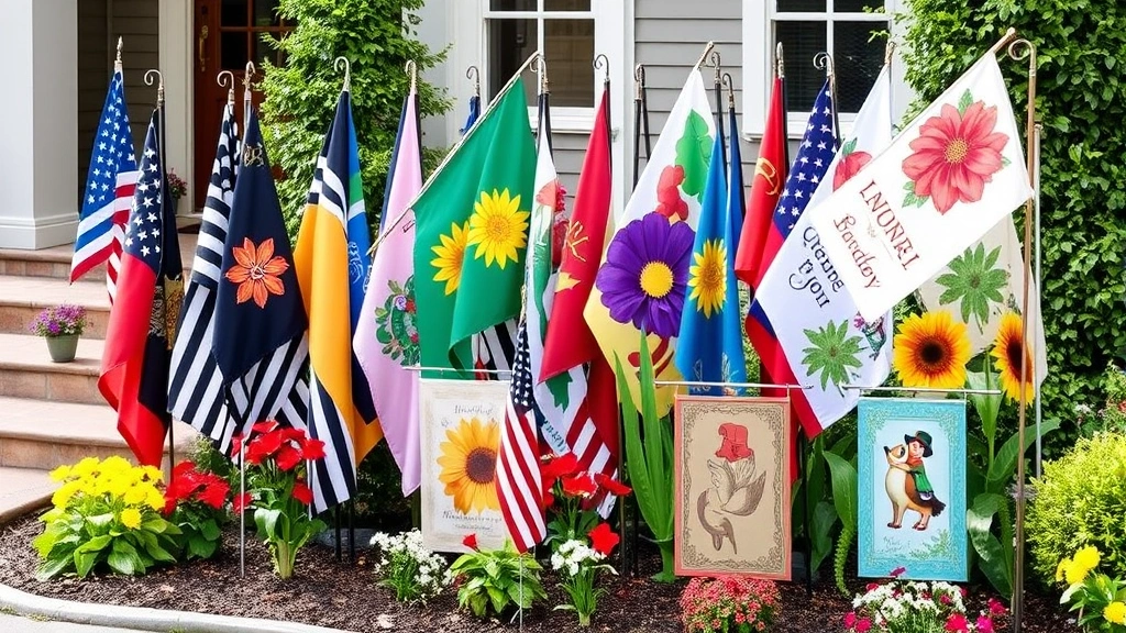 Collection of garden flags in different colors and themes arranged near garden entrance, showing flag poles and mounting hardware, various flag styles including seasonal and botanical designs, organized display