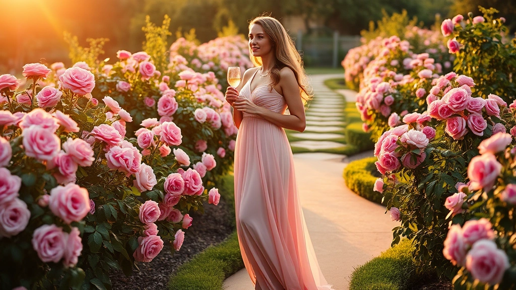 Woman wearing flowing blush pink midi-length gown standing among blooming rose gardens, soft golden hour lighting, holding wine glass, garden pathways visible
