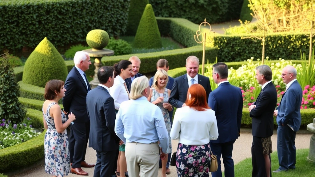 Group of guests in semi-formal attire mingling in garden setting with topiary, hedges, and flower beds in background, warm afternoon light