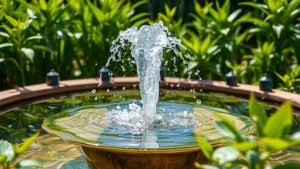 Crystal clear water fountain in lush garden setting with green plants surrounding basin, afternoon sunlight creating sparkle on water surface, fountain pump running smoothly with strong spray