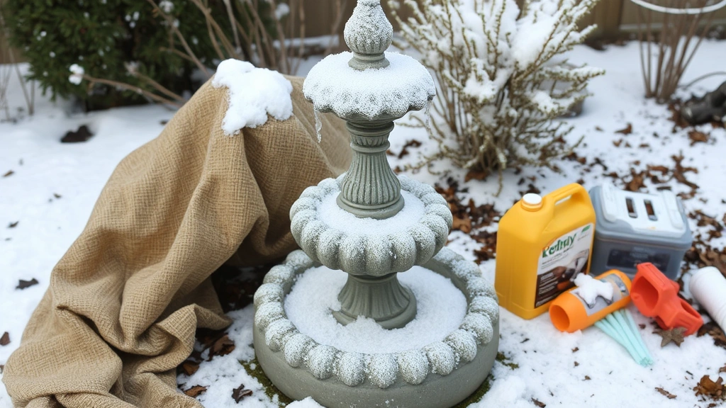 Winter garden fountain preparation with frost-covered decorative fountain element, protective burlap wrapping, and seasonal maintenance supplies nearby, showing winterization process