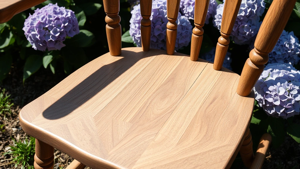 Close-up of weathered wooden rocking chair seat showing natural grain texture and protective finish application, positioned in dappled garden shade near blooming hydrangeas