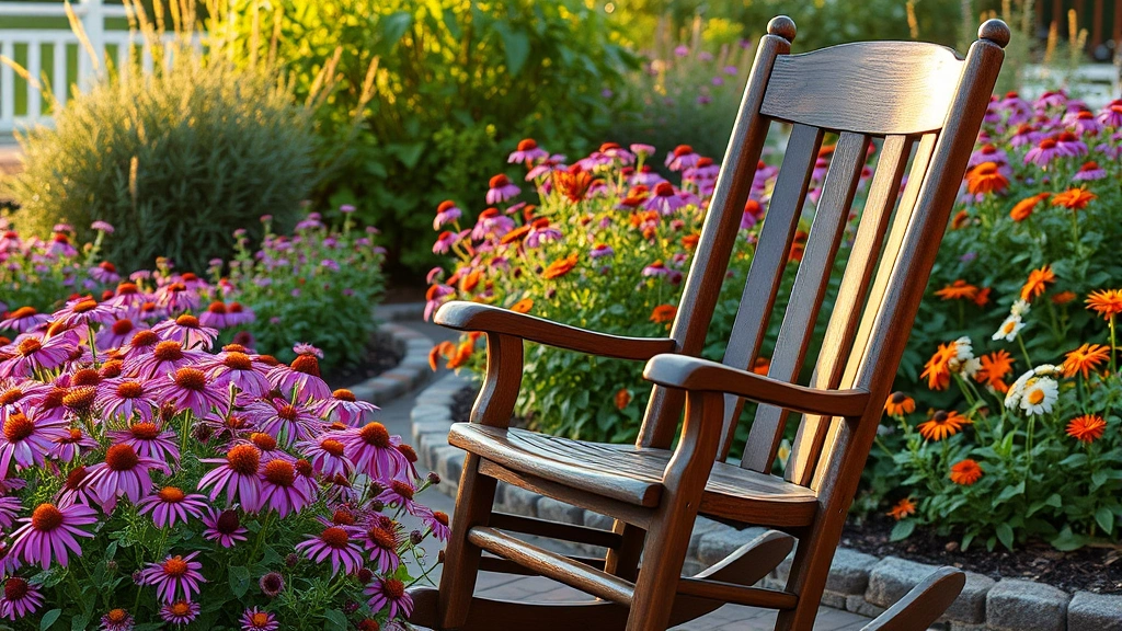 Restored wooden rocking chair with rich finish sitting beside mature perennial garden beds bursting with purple coneflowers and black-eyed Susans during golden hour light