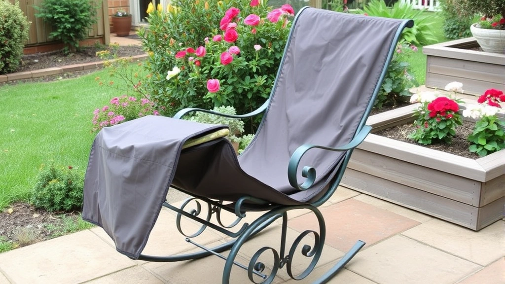 Metal rocking chair on garden patio with protective cover being removed, showing well-maintained frame next to raised garden beds and flowering shrubs