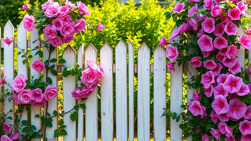 Weathered wooden picket garden gate with white paint peeling slightly, surrounded by blooming pink roses climbing the frame, morning sunlight filtering through morning glory vines, cottage garden setting with lush green foliage in background