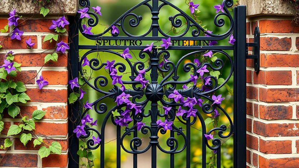 Close-up of ornate black wrought iron garden gate with decorative scrollwork details, mounted on sturdy brick or stone pillars, climbing clematis vines with purple flowers weaving through ironwork, sharp focus on intricate metalwork patterns