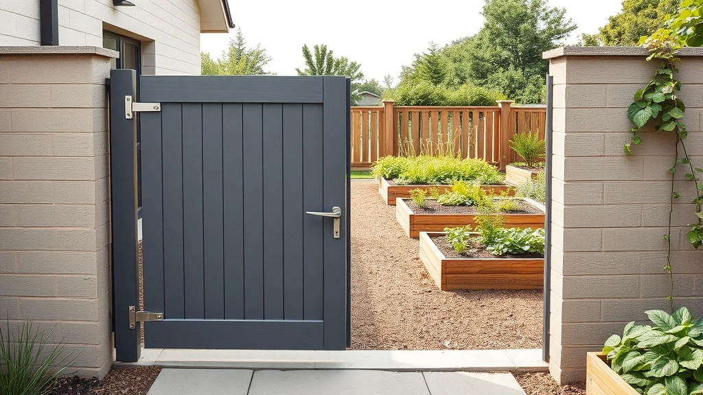 Wide-angle view of modern composite gray-brown garden gate installed at entrance to vegetable garden with raised beds visible beyond, stainless steel hardware gleaming, neat rows of vegetables and herbs in background, clean architectural style with minimal design