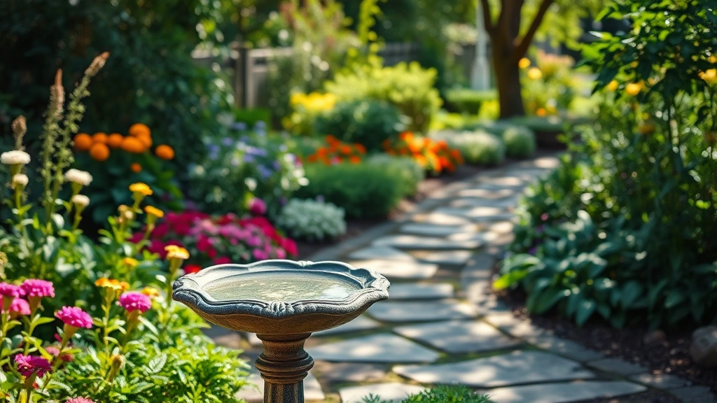Serene garden scene with a decorative bird bath in foreground, surrounding flowering plants and greenery, stone pathway leading through, dappled sunlight filtering through trees