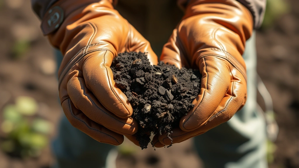 Close-up of hands wearing leather garden gloves holding fresh soil, demonstrating texture and grip quality with natural daylight