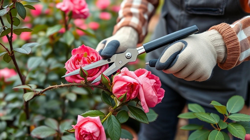 Gardener wearing extended-cuff pruning gloves handling thorny rose stems with professional pruning shears in a blooming garden