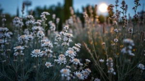 Silver-leafed dusty miller and artemisia plants glowing softly in twilight garden setting with natural moonlight illuminating pale foliage, photorealistic evening garden scene