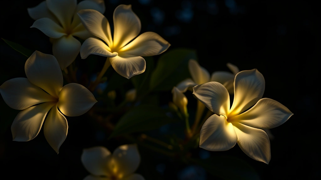 White gardenias and jasmine flowers luminescent against dark evening backdrop, creamy blooms appearing to float in darkness, professional garden photography lighting