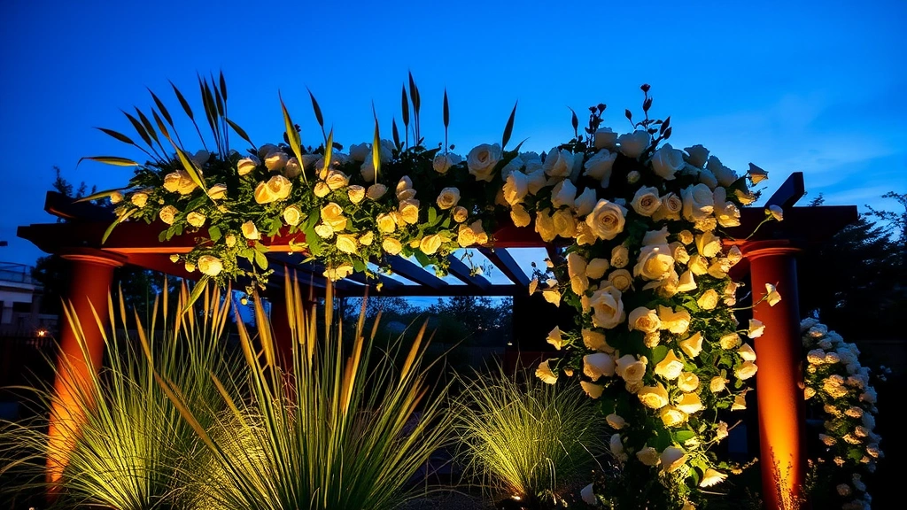 Warm LED spotlights illuminating ornamental grasses and white climbing roses on pergola structure at dusk, creating dramatic glowing focal point with long shadows