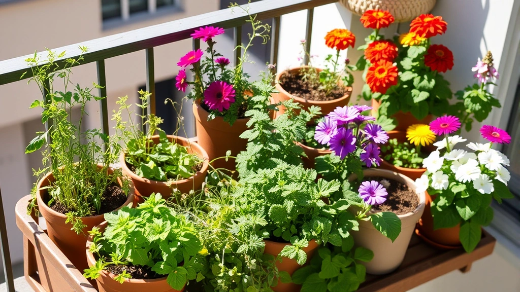 Balcony container garden with mixed herbs and vegetables in terracotta and ceramic pots, colorful flowers blooming, sunny apartment setting with railing visible