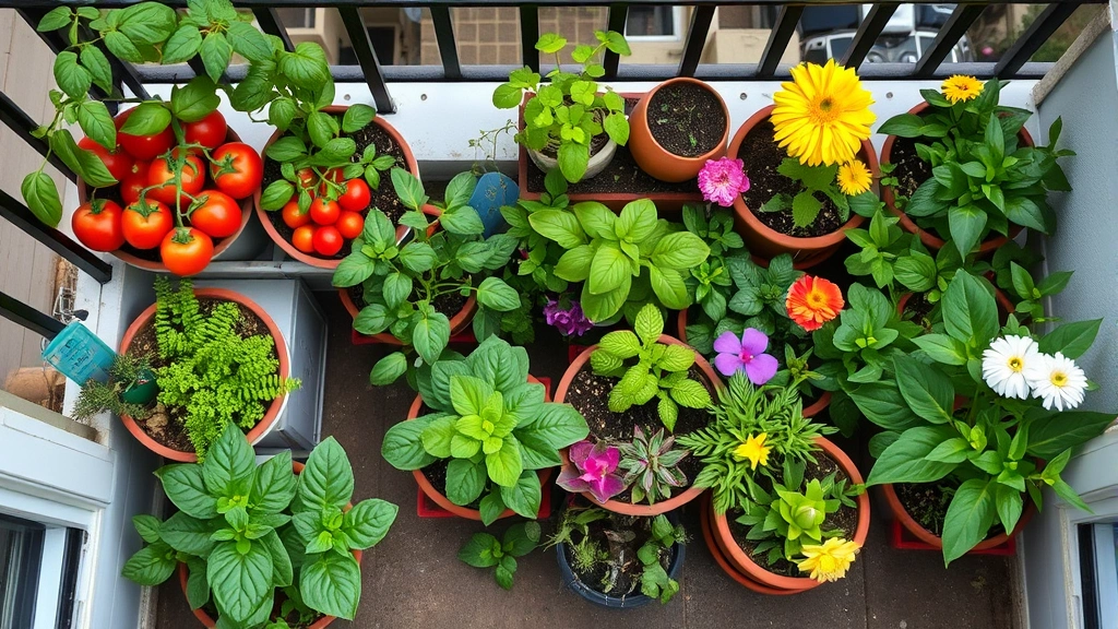 Overhead view of thriving apartment balcony garden with diverse container plants including tomatoes, basil, succulents, and ornamental flowers arranged strategically