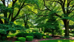 Lush garden grove with mature trees creating dappled shade, mixed shrubs with varied foliage textures, flowering understory plants, natural mulch ground cover, morning sunlight filtering through canopy