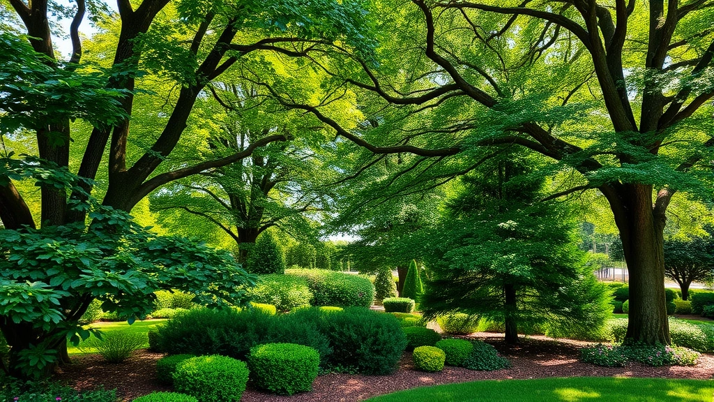 Lush garden grove with mature trees creating dappled shade, mixed shrubs with varied foliage textures, flowering understory plants, natural mulch ground cover, morning sunlight filtering through canopy