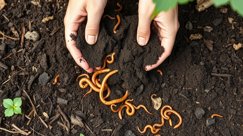 Close-up of soil amendment process showing rich dark compost being worked into garden bed, healthy earthworms visible, organic mulch layer, vibrant plant roots, hands demonstrating proper soil preparation