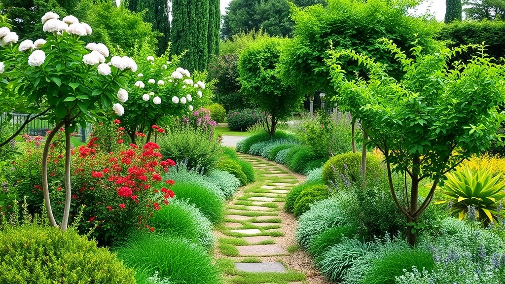 Serene established garden grove pathway winding through diverse plantings, flowering shrubs in bloom, layered vegetation heights, healthy green foliage, natural landscape design, peaceful garden sanctuary