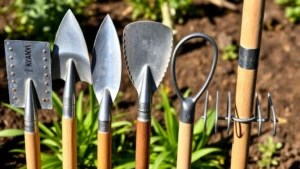 Close-up of five different garden hoes displayed side by side showing distinct blade shapes: flat rectangular, pointed warren, loop stirrup, grub, and cultivator tines. Sunlight highlights metal surfaces and wooden handles in a garden setting.