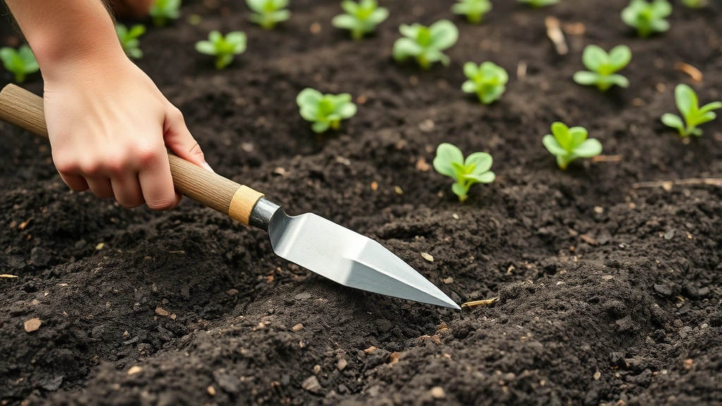 Gardener using a pointed warren hoe in a vegetable garden bed, creating furrows in dark loamy soil. Fresh green vegetable seedlings visible in background, demonstrating proper hoeing technique and posture.
