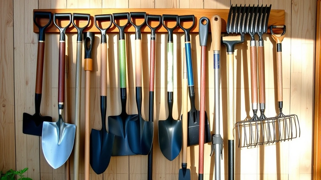 Collection of garden tools hanging on wooden wall rack including various hoe styles, shovels, and rakes. Morning light illuminates tool handles and metal blades showing proper storage and organization.