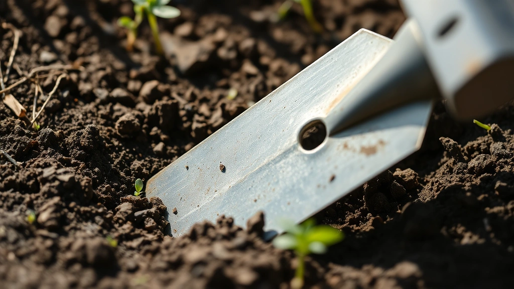 Close-up of garden hoe blade slicing through soil with weeds visible, morning sunlight casting shadows on dark earth, shallow depth of field