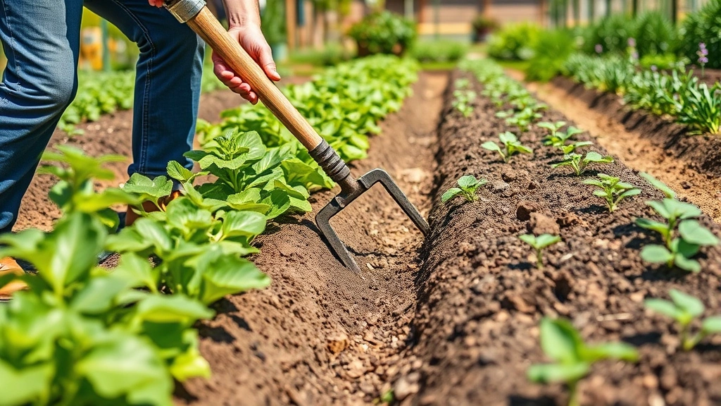 Gardener using stirrup hoe in vegetable garden bed between rows of young plants, demonstrating proper pushing motion technique, clear sunny day