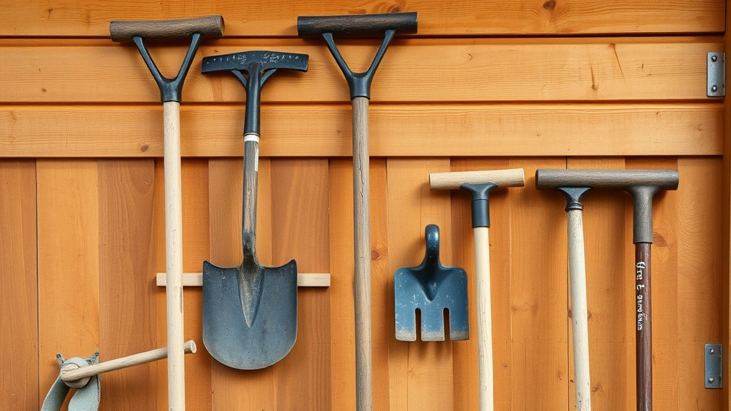 Collection of different hoe types hanging on wooden garden shed wall - standard hoe, warren hoe, and stirrup hoe displayed side by side, organized storage