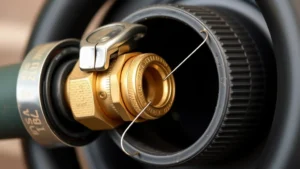 Close-up of brass garden hose quick connect fitting being installed into hose end with hose clamp, showing proper alignment and threading technique on residential garden hose