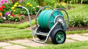 A sturdy garden hose reel cart with pneumatic wheels loaded with a coiled green hose, positioned on a garden path near flowering beds and vegetable plants, showing smooth rolling movement on grass