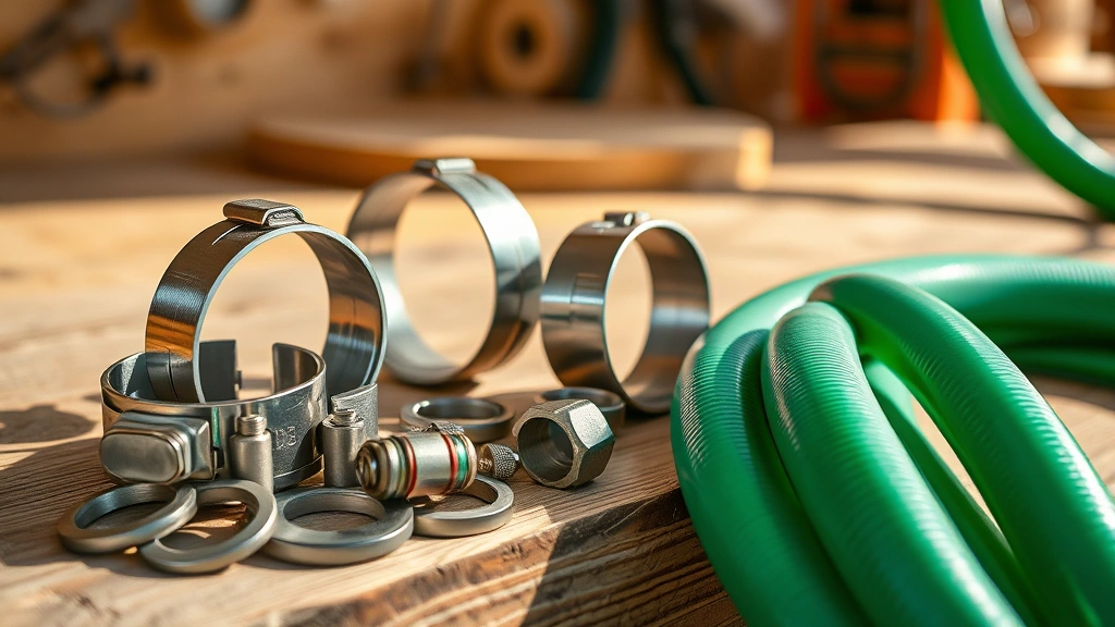 Close-up of stainless steel hose clamps, couplings, and rubber washers arranged on a wooden workbench with a green garden hose in soft natural sunlight