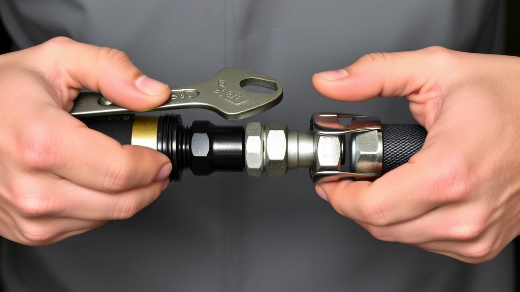 Hands demonstrating installation of a hose coupling with wrench, showing proper positioning of clamp and washer on disconnected hose sections