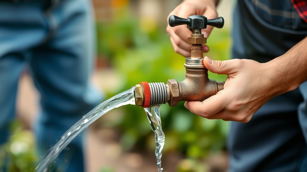 Gardener testing repaired hose connection at outdoor faucet with water flowing, checking for leaks with clear water spray visible against blurred garden background