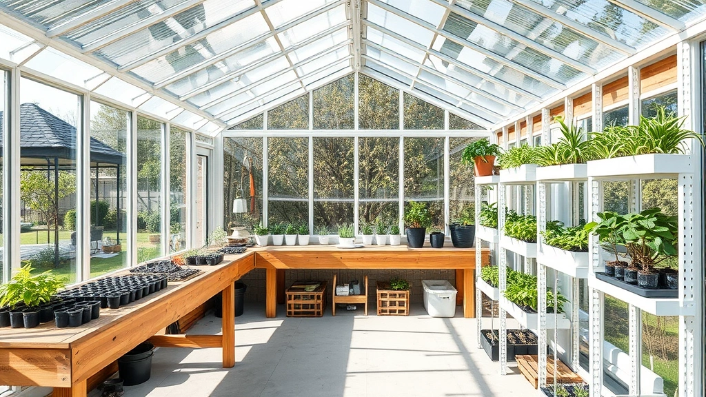 Spacious modern garden house with polycarbonate walls and roof, natural light streaming through transparent panels, organized wooden potting bench with tools and seedlings, white shelving systems with thriving plants, clean concrete flooring, bright and airy interior