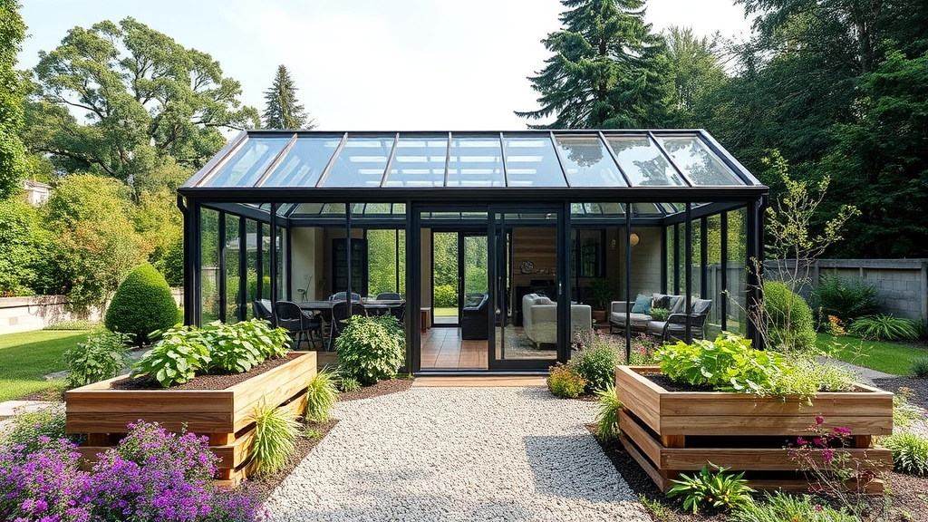 Garden house exterior showing south-facing glazing, attached herb garden beds, gravel pathway approach, metal frame construction with polycarbonate panels, natural landscaping integration, surrounded by flowering perennials and mature trees