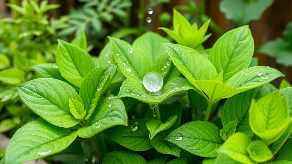 Primer plano de plantas verdes saludables en un jardín casero con gotas de agua en las hojas después del riego matutino, mostrando follaje vibrante y exuberante