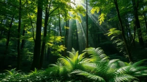 Dappled sunlight filtering through dense forest canopy onto lush green shade plants and ferns growing on forest floor