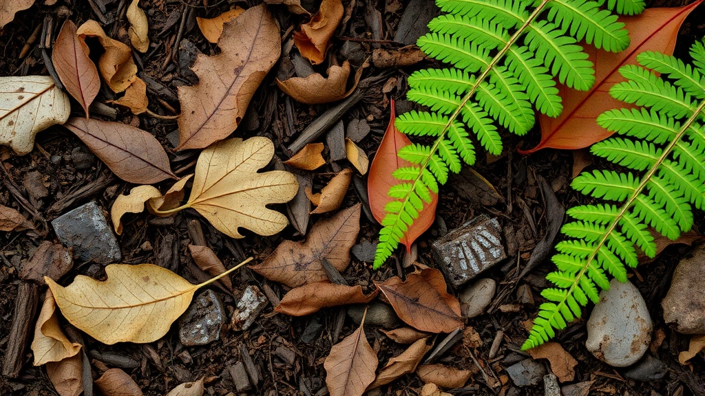 Close-up of forest soil rich with organic matter, fallen leaves, and fern fronds showing natural woodland gardening composition
