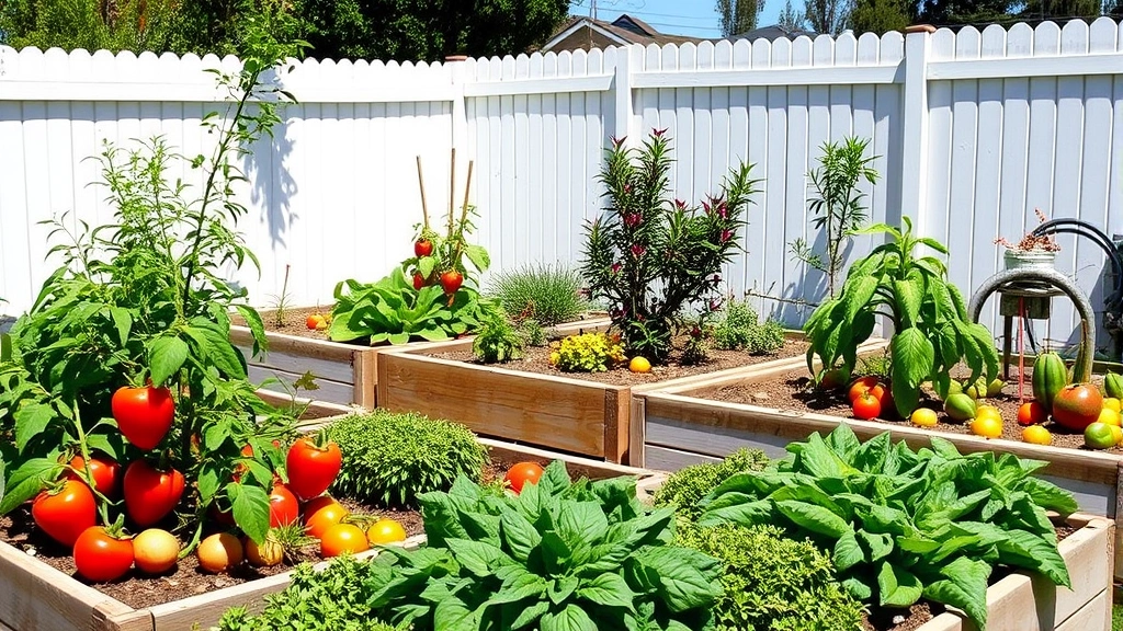 Sunny Los Angeles backyard garden with raised beds containing colorful vegetables like tomatoes, peppers, and leafy greens, white wooden fence in background, California native shrubs visible
