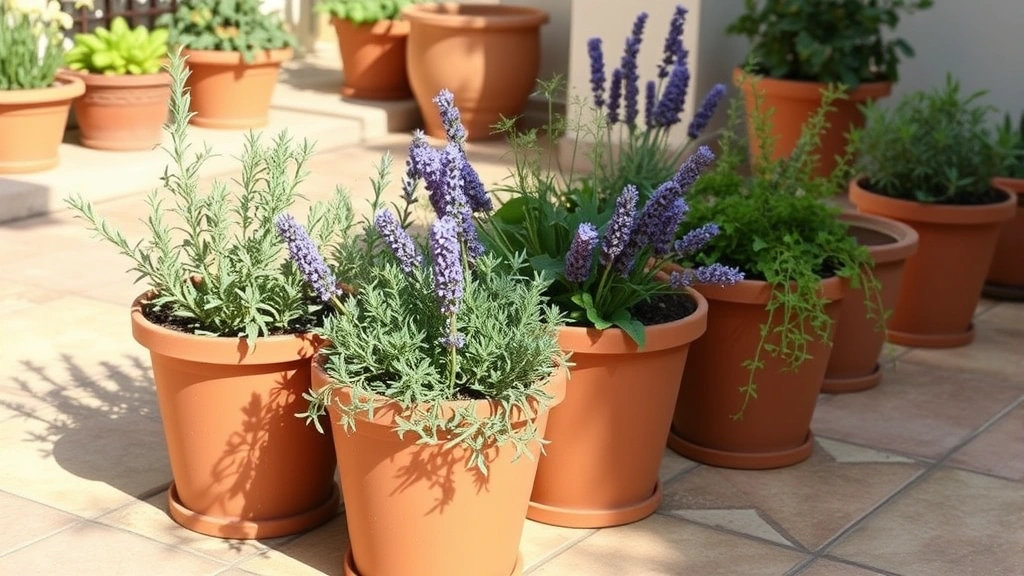 Mediterranean herb garden in containers on a patio with rosemary, lavender, oregano, and thyme plants thriving in terracotta pots, morning sunlight casting shadows on decorative tiles