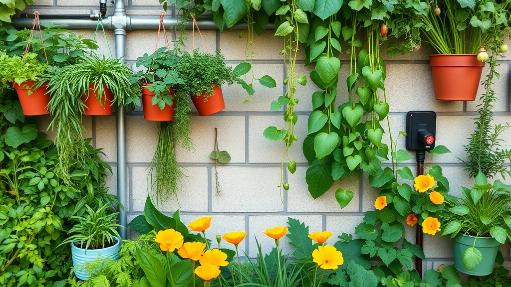 Lush vertical garden wall with drip irrigation system, cascading herbs and vegetables in hanging planters and wall-mounted containers, native California poppy flowers blooming between plants