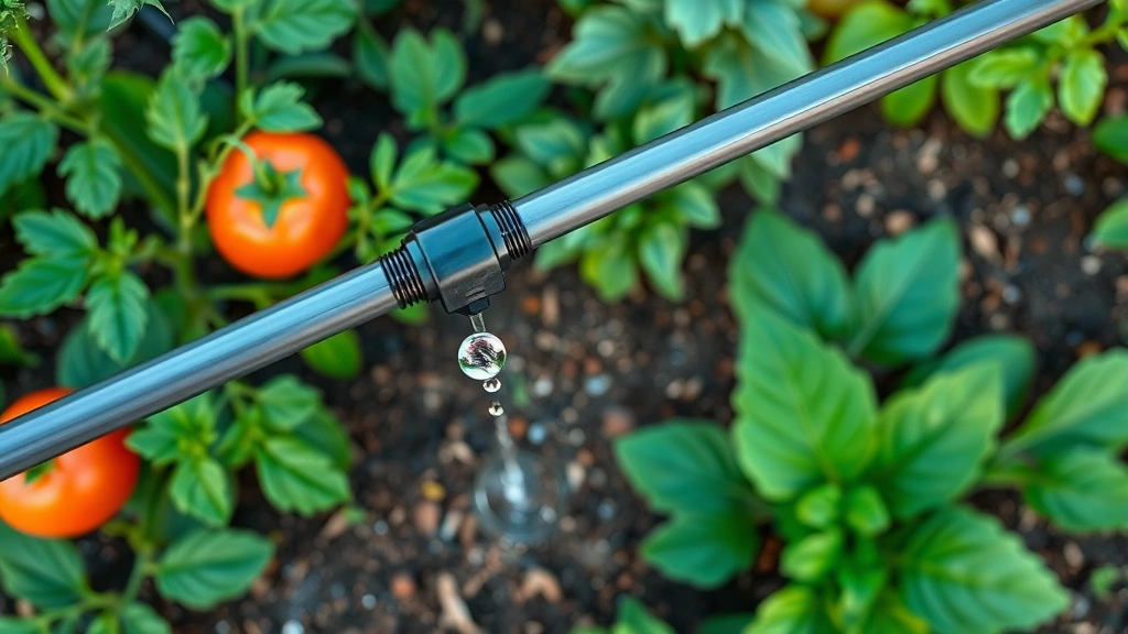 Overhead view of drip irrigation tubing with water droplets emerging from emitters in a vegetable garden bed with tomato plants and leafy greens