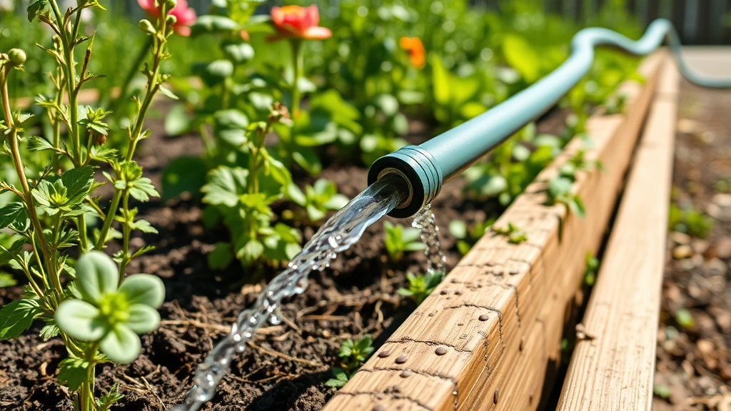 Close-up of a soaker hose weeping water along a raised garden bed planted with herbs and vegetables on a sunny morning