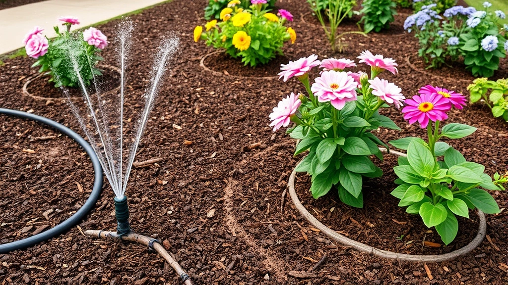 Garden landscape with multiple irrigation zones showing drip lines, mulched beds, and healthy flowering plants receiving targeted water delivery